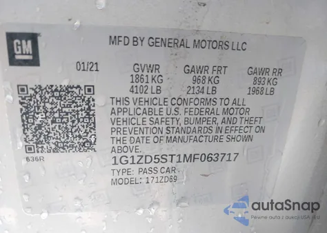 2021 Chevrolet Malibu Fwd Lt из США, поврежденный, VIN 1G1ZD5ST1MF063717